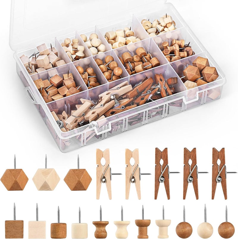 GOOLADA 300Pcs Wooden Push Pins,2 Colors and 7 Types Decorative Thumb Tacks, Cute Thumb Tacks, Wood Pushpins for Cork Board, Wooden Thumbtacks for Bulletin Board, Cubicle Wall, Cork Board Accessories - Image 1
